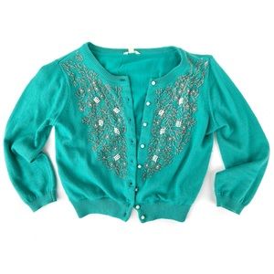 Vintage Style Beaded Button Down Cardigan Teal